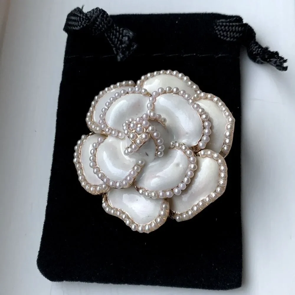 Camellia Lapel Pin in White Enamel with Faux Pearls & Gold Tone Bro-Brooch
